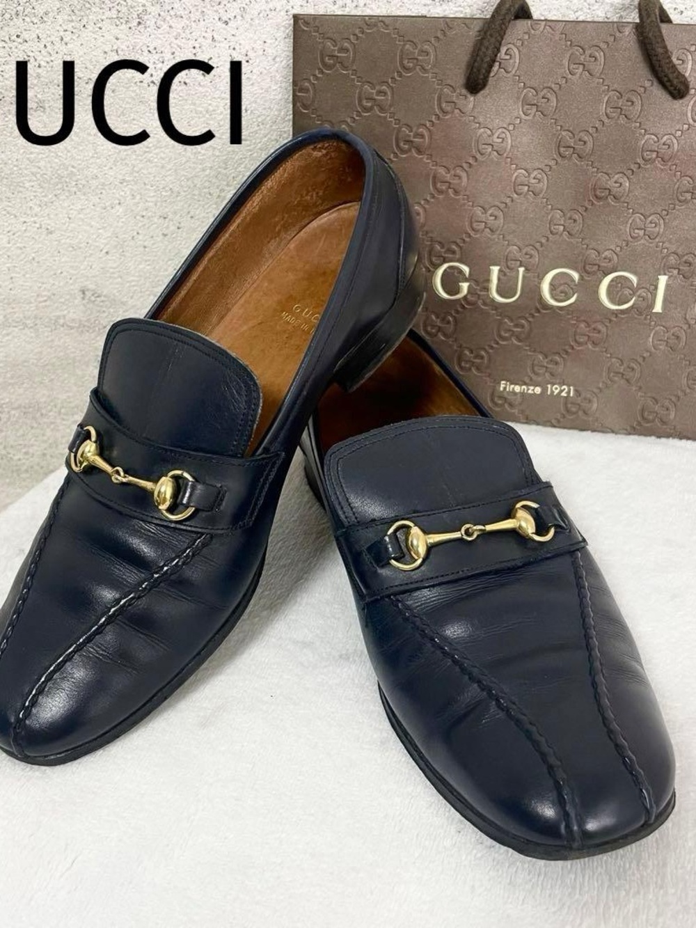 Gucci Navy Horsebit Slip-On Loafers